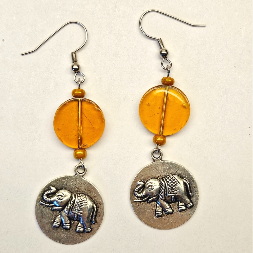 Yellow Beaded Elephant Charm Earrings